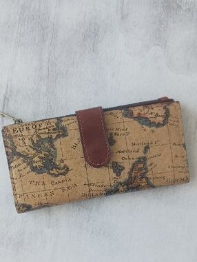 Patricia Nash Nazari Leather Bifold Wallet RFID Protection Brown European Map